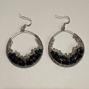 Chic Black and Clear Beaded Hoop Earrings EUC